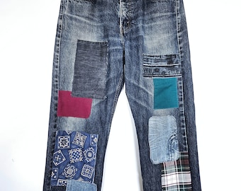 Patched Jeans. Patchwork. Upcycled Jeans. Patched Denim. Denim. Grunge Denim. Distressed Denim. Plaid.