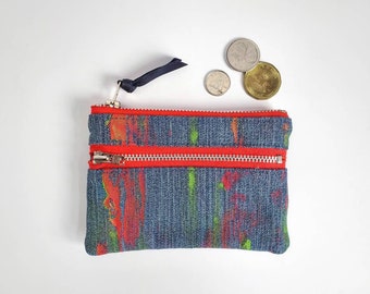 REPURPOSED Coin Purse. Double Zipper Pouch. Leather Pouch. Painted Denim. Denim Change Purse. Leather Coin Purse. Abstract Art.