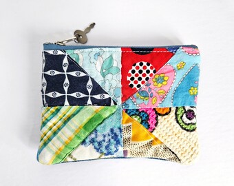 Quilted Pouch. Vintage Quilt. Quilted Fabric. Quilted Coin Purse. Denim Coin Purse. Pouch. Change Purse.