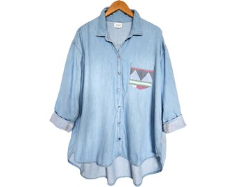 Upcycled Denim Top. 80's Denim Top. Denim Shirt. Repurposed Top. 80's Inspired. Vintage Denim Shirt.