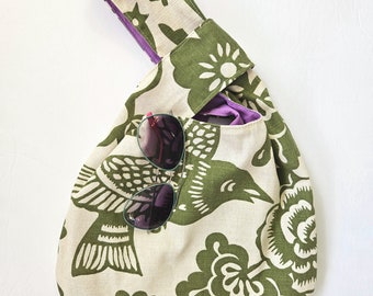 Japanese Knot Bag. Floral Bag. Handbag. Wristlet. Birds. Bird Print Bag. Upcycled Bag. Floral Pattern.