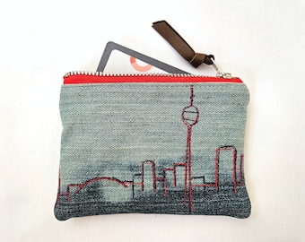 TORONTO Denim Pouch. Upcycled Ombre Denim. Change Purse. Leather Coin Purse. Jean Pouch. Toronto. CN Tower. Toronto Skyline. Ready To Ship.