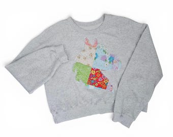 Year Of The Horse. Upcycled Sweatshirt. Vintage Sweatshirt. Handmade Quilt. Vintage Quilt. Patchwork. Vintage Crewneck. Recycled Clothing.