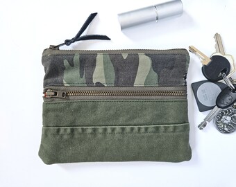 Army Pouch. Camo Pouch. Camouflage. Leather Pouch. Leather Wallet. Leather Pouch. Upcycled Leather. Double Zipper Pouch.