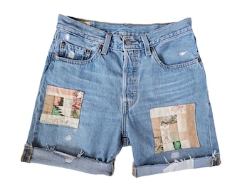 Denim Shorts. Denim Cut Offs. Jean Shorts. Patched Jeans. Patchwork. Upcycled Jeans. Patched Denim. Summer Shorts. Distressed Denim.