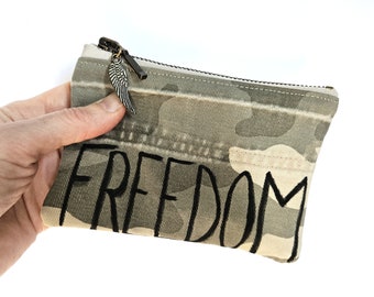 FREEDOM. Camouflage Coinpurse. Camo Bag. Upcycled. Leather Pouch. Leather Coin Purse. Leather Change Purse.