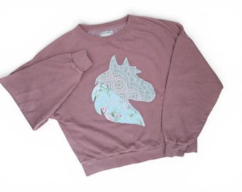Year Of The Horse. Upcycled Sweatshirt. Vintage Sweatshirt. Handmade Quilt. Vintage Quilt. Patchwork. Vintage Crewneck. Recycled Clothing.