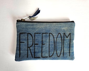 FREEDOM. Denim Wallet. Denim Bag. Denim Pouch. Upcycled. Brown Leather. Leather Pouch. Original Art.