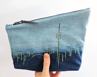 Denim Pouch. Toronto. Upcycled Denim. Ombre Denim. Change Purse. Leather Pouch. Denim Bag. Leather Clutch. CN Tower. Toronto Skyline.