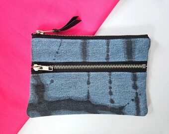 Denim Pouch. Double Zipper Pouch. Painted Denim. Leather Pouch. Denim Wallet. Upcycled Denim.