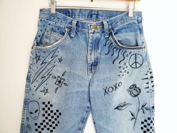 Vintage Jeans. Wrangler. Art On Denim. Hand Drawn.