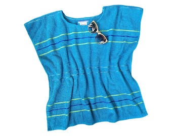 Vintage Towel. Upcycled Towel Top. Summer Top. Beach Towel. Beach Cover Up. Aqua Blue Top. Striped Top.