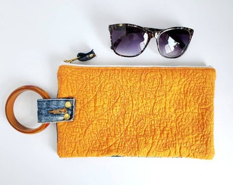 Quilted Bag. Denim Wristlet. Quilt. Orange Bag. Upcycled Bag. Denim Clutch. Vintage Denim. Vintage Bracelet. Repurposed.