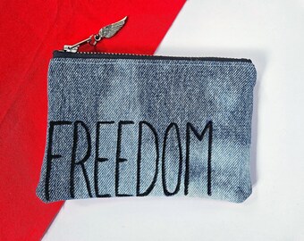 FREEDOM. Denim Coinpurse. Denim Bag. Denim Pouch. Upcycled. Red Leather. Leather Pouch. Leather Coin Purse.