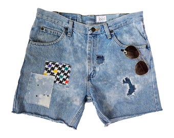Denim Shorts. Denim Cut Offs. Jean Shorts. Patched Jeans. Patchwork. Patched Denim. Summer Shorts. Distressed Denim. Houndstooth. 80's.