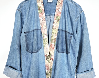 Upcycled Denim Top. Kimono Jacket. Denim Kimono. Floral Denim. Repurposed Top. Patchwork. Floral. 80's. Fall Jacket.