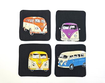 VW Bug. Volkswagen Beatle. Set of 4 Coasters. Denim Coasters. Upcycled Denim. Fabric Coasters. Repurposed. Modern Home Decor.