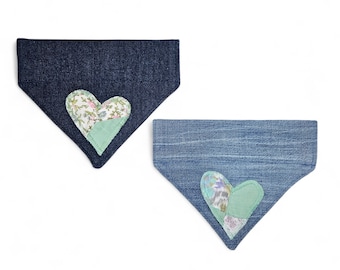 Love Bandana. Denim Dog Bandana. Small Pet Accessory. Dog Accessory. Quilt Heart Bandana. Upcycled Bandana. Pet Accessories. Small.