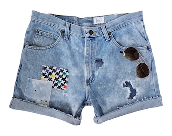 Denim Shorts. Denim Cut Offs. Jean Shorts. Patched Jeans. Patchwork. Patched Denim. Summer Shorts. Distressed Denim. Houndstooth. 80's.