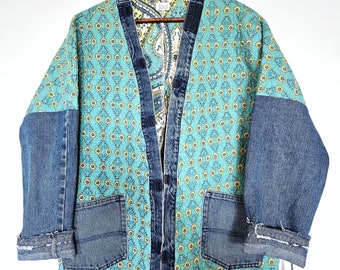 Upcycled Quilt Jacket. Handmade Jacket. Floral Jacket. Upcycled Quilt. Oversized Jacket. Denim Jacket. Spring Jacket.