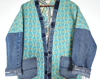 Upcycled Quilt Jacket. Handmade Jacket. Floral Jacket. Upcycled Quilt. Oversized Jacket. Denim Jacket. Fall Jacket.