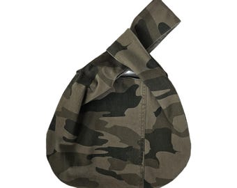 Japanese Knot Bag. Camo Bag. Handbag. Wristlet. Camouflage. Army Bag. Upcycled Bag. Wristlet.