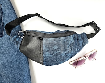 Fanny Pack. Bum Bag. Hip Sack. Hip Bag. Repurposed Denim Bag. Leather Bag. Bleached Denim. Leather Pouch.