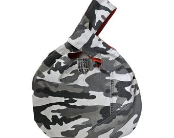 Japanese Knot Bag. Camo Bag. Handbag. Wristlet. Camouflage. Army Bag. Upcycled Bag. Wristlet.