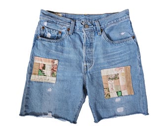 Denim Shorts. Denim Cut Offs. Jean Shorts. Patched Jeans. Patchwork. Upcycled Jeans. Patched Denim. Summer Shorts. Distressed Denim.