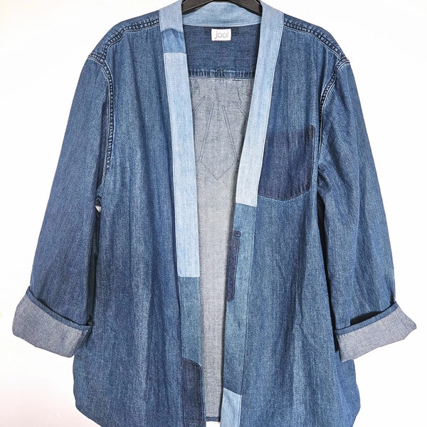 Upcycled Denim Top. Kimono Jacket. Denim Kimono. Floral Denim. Repurposed Top. Patchwork. Flower Applique.