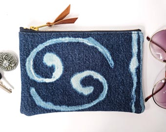 Cancer Zodiac. Astrology. Cancer Sign. Denim Pouch. Zippered Pouch. Cancer The Crab. Leather Pouch. Denim Wallet. Upcycled Denim.
