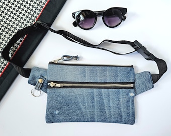 Fanny Pack. Bum Bag. Hip Sack. Hip Bag. Denim Bag. Denim Fanny Pack. Distressed Denim. Denim Pouch.