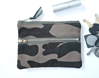 Army Pouch. Camo Pouch. Camouflage. Leather Pouch. Leather Wallet. Leather Pouch. Upcycled Leather. Double Zipper Pouch.