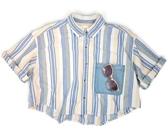 Upcycled Striped Top. Cropped Top. Repurposed Top.  Vintage Denim Shirt.