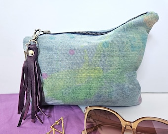 Denim Clutch. Painted Denim Pouch. Cosmetic Bag. Make Up Bag. Upcycled Denim. 80's Inspired. Leather Tassel.