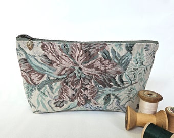 Floral Pouch. Zippered Pouch. Brocade Pouch. Leather Pouch. Paisley Bag. Repurposed. Makeup Bag. Cosmetic Bag.