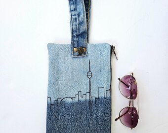 Toronto Bag. Upcycled Denim. Ombre Denim. Denim Wristlet. Leather Bag. CN Tower. Leather Clutch. Toronto Skyline. Canadiana.