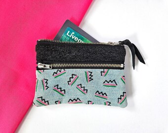 Coin Purse. Upcycled Denim. Double Zipper Pouch. Leather Pouch. 80's. Memphis Print. Denim Change Purse. Leather Coin Purse. Original Art.