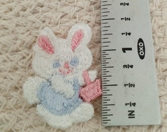May include: White embroidered bunny applique with pink ears and blue overalls holding a pink watering can. The applique is approximately 1 inch tall.