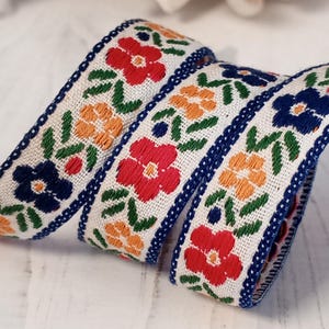 DAINTY VINTAGE FLORAL Jacquard Ribbon 5/8&quot; wide – 1970s Red Yellow Navy Blue Flowers Embroidered Woven Cotton Trim for Embellishments