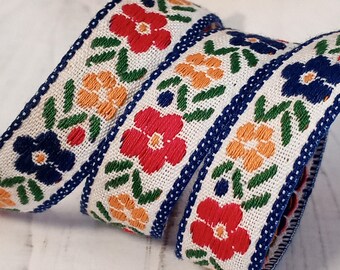 DAINTY VINTAGE FLORAL Jacquard Ribbon 5/8" wide – 1970s Red Yellow Navy Blue Flowers Embroidered Woven Cotton Trim for Embellishments