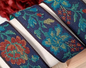 VINTAGE FOLK FLORAL Jacquard Ribbon 1-1/16" wide – 1970s Red Blue Yellow Green on Dark Navy Woven Trim for Sewing & Embellishments