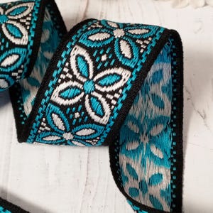 NORDIC FROST VINTAGE Cotton Jacquard Ribbon 1-1/2&quot; wide – 1970s Blue, White & Black Geometric Floral Trim for Sewing, Embellishments, Décor