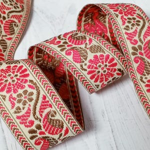 OLIVE HOT PINK Vintage Cotton Floral Jacquard Ribbon 1-5/8&quot; - 1970s Retro Flower Paisley Woven Trim for Sewing, Crafts, & Embellishments
