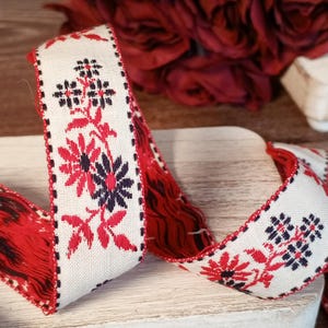COTTAGE BLOOM COTTON Vintage Jacquard Ribbon 15/16&quot; – 1970s Red & Navy Floral Woven Ribbon for Sewing, Crafts, Creative Projects, Home Décor