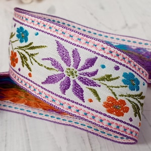VIOLET BLOOM MEADOW Vintage Jacquard Ribbon 1-5/8&quot; - 1970s Cotton Woven Floral Trim for Sewing & Embellishments