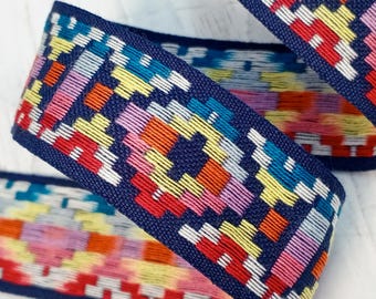 VINTAGE NAVY COLORFUL Retro Geometric Woven Ribbon 1-1/8" wide - 70s Cotton Folk Art Trim Sewing Ribbon for Sewing & Embellishments