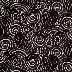 May include: Close-up of black lace fabric with a detailed floral pattern. The lace features a repeating design of swirling circles and dotted lines, creating a textured and elegant appearance. The fabric is likely used for clothing or decorative purposes.