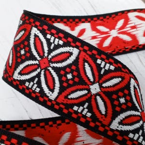 RED BLACK WHITE Diamond Bloom Cotton Vintage Woven Jacquard Trim 2&quot; wide - 1970s Folk Geometric Floral Ribbon for Boho Sewing, Costumes