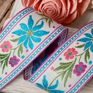 AZURE BLOSSOM Vintage Jacquard Ribbon 1-5/8&quot; – 1970s Vintage Cotton Woven Trim – Blue, Pink, Purple Wildflower Ribbon Trim for Embellishment